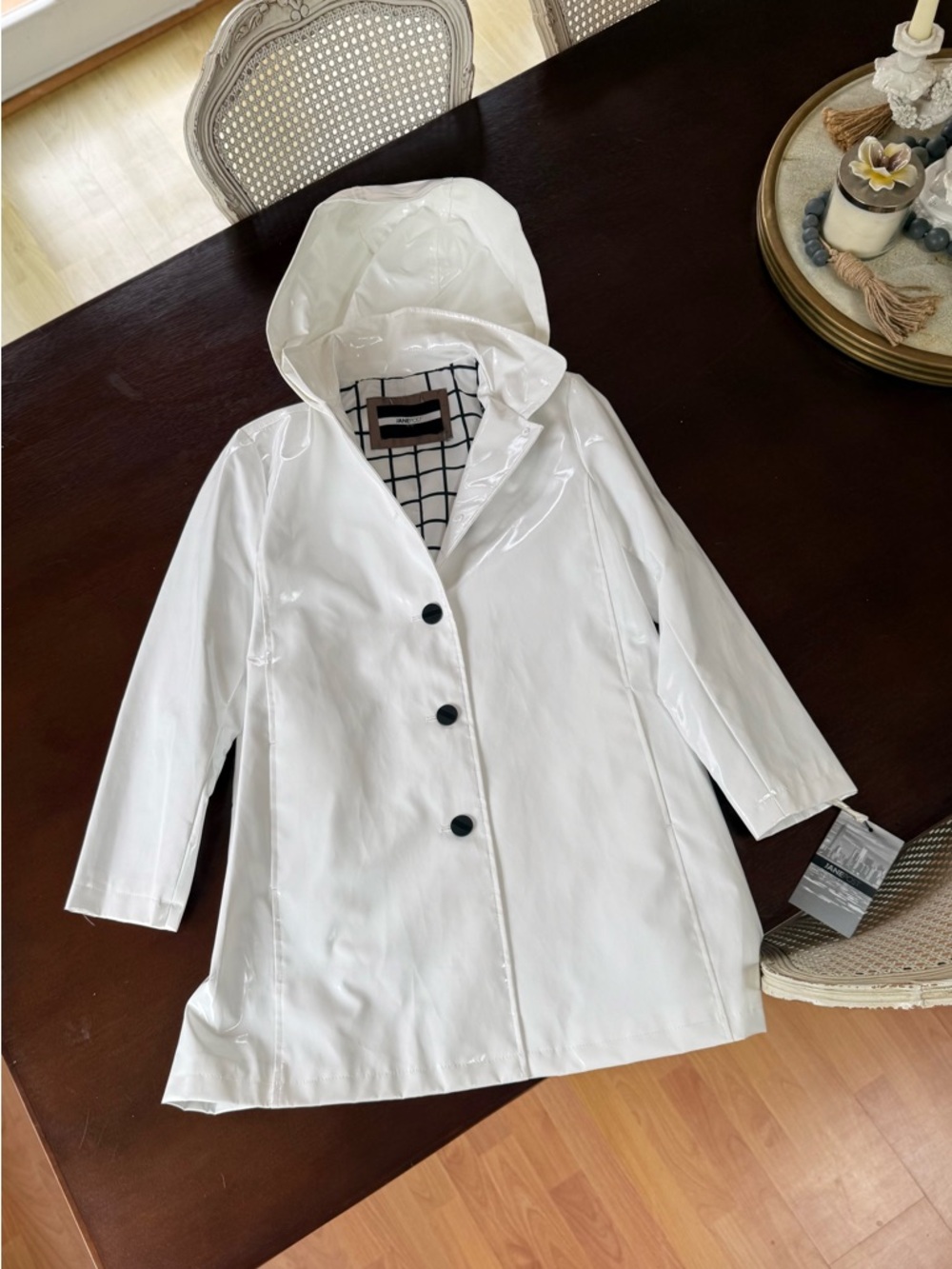 Jane Post White Patent Hooded Raincoat with Black Grid Lining and Black Buttons